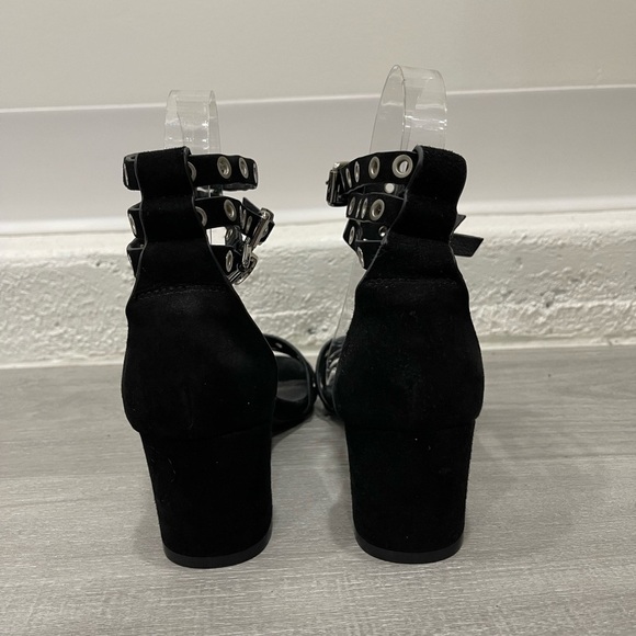 Sol Sana Sugar Heel Black Suede Grommet Sandal Three Ankle Strap Size 37 New - Picture 4 of 7